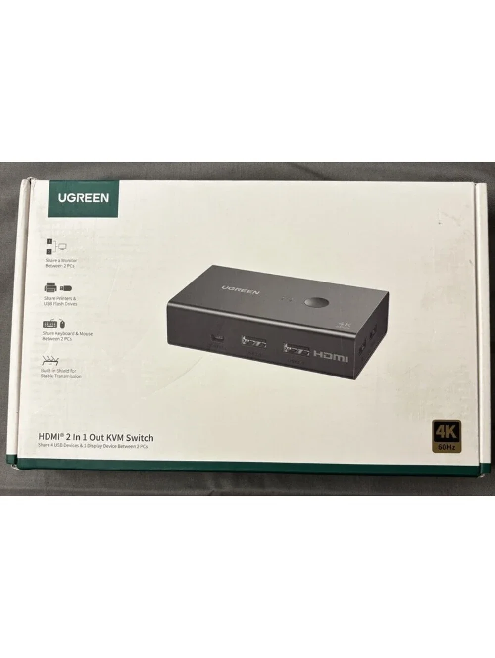 UGREEN KVM Switch Box HDMI 2 Computers 1 Monitor 4 USB Ports 4K 60Hz Controller
